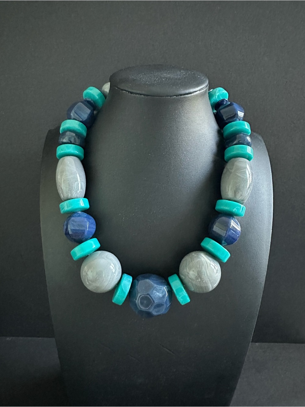 Large Bead Funky Necklace Blue Gray Turquoise Summer Jewelry Statement